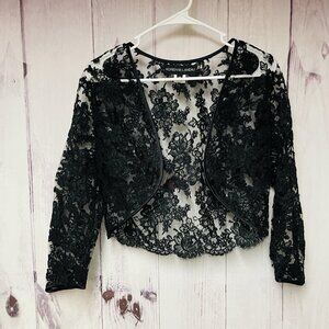 Adrienne Landau Size Medium Crop Top Black Lace Mesh Floral Embroidered Open